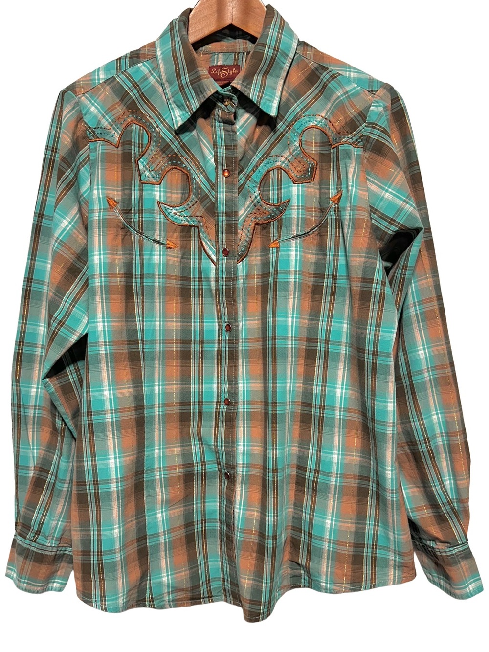 LifeStyle Western Plaid Embroidered Snap Shirt XL Turquoise Brown Cowgirl